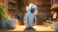 Cute White Parrot In Pixar Kitchen: Realistic Animation With Detailed Feather Rendering