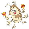 Cartoon cockroach carrying musical instruments playing and dancing, doodle icon image