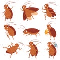 Cartoon cockroach mascot. Angry cockroaches, insect pests and bugs control characters vector illustration set. Funny