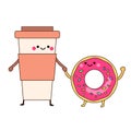 Cartoon coffee cup and donut holding hands. Cute funny food friends characters. kawaii friendly meal