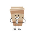 Cartoon coffee cup holding a smartphone. Take away coffee. Happy cup of coffee