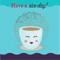 Cartoon coffee cup. Take away coffee. Happy cup of coffee. Vector flat cartoon illustration Royalty Free Stock Photo