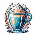 Cartoon coffee cup with whipped cream and scattered beans Royalty Free Stock Photo
