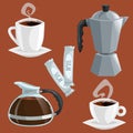 Cartoon coffee objects set. Cup of coffee, italian coffee geiser pot, glass pot with black plastic handle. Vector illustrations Royalty Free Stock Photo