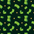 Cartoon coins and banknotes seamless pattern. Money repeated print. Dollars with cents. Flying cash currency. Financial