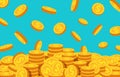 Cartoon coins falling. Gold dollar dropping, money rain background. Flying currency. Treasure, wealth or successful