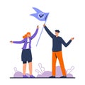 Cartoon colleagues raise flag with successful completion of their work vector Royalty Free Stock Photo