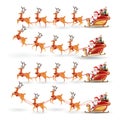 Cartoon collection of Christmas Santa Claus rides reindeer sleigh on Christmas with different pose emotion. Vector set Royalty Free Stock Photo