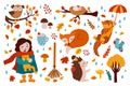 Cartoon collection of fall season vector elements. Vector set of autumn elements, a cute hedgehog, a girl with a kitten, a cat Royalty Free Stock Photo