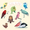 Cartoon collection with funny little birds. Pelican, duck, parrot, eagle, heron.
