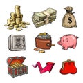 Cartoon set of business money symbols. vector