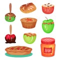 Cartoon collection of various apple desserts. Transparent glass jar with delicious jam. Home made sweets. Colorful food Royalty Free Stock Photo