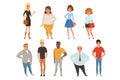 Cartoon collection of young and adult people in different poses. Men and women characters wearing casual clothes. Full