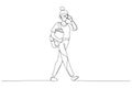 Cartoon of college student girl going to class while holding books and bags. One line style art Royalty Free Stock Photo