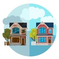 Cartoon Color Abandoned and Repaired House Building Concept. Vector