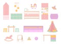 Cartoon Color Baby Bedroom Furniture Icons Set. Vector