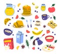 Cartoon Color Breakfast Food and Drinks Different Elements Set. Vector