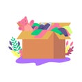 Cartoon Color Cardboard Box with Clothes Donation Concept. Vector