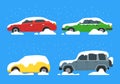 Cartoon Color Cars Covered Snow Icon Set. Vector Royalty Free Stock Photo