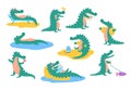 Cartoon Color Character Cute Crocodile Icon Set. Vector