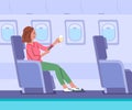 Cartoon Color Character Girl and Airplane First Class Concept. Vector Royalty Free Stock Photo