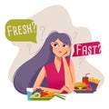 Cartoon Color Character Girl Choosing between Healthy and Unhealthy Food Concept. Vector