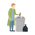 Cartoon Color Character Homeless Person and Trashcan. Vector