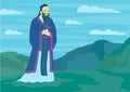 Cartoon Color Character Man Confucius East Asian Philosopher Concept. Vector