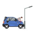 Cartoon Color Character Person and Car Accident Concept. Vector