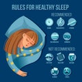 Cartoon Color Character Person Female and Healthy Sleep Tips Concept Banner Poster Card. Vector Royalty Free Stock Photo