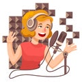 Cartoon Color Character Person Female and Voice Recording Studio Concept. Vector