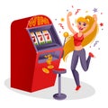 Cartoon Color Character Person Girl and Win Big Money Concept. Vector