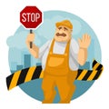 Cartoon Color Character Person Male Builder Holding Stop Sign Concept. Vector