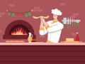 Cartoon Color Character Person Male Cook Chef Serving Pizza Concept. Vector