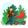 Cartoon Color Character Person Male Father with Pram Concept. Vector