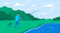 Cartoon Color Character Person Male Fisherman on River Concept. Vector