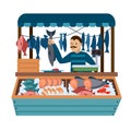 Cartoon Color Character Person Male and Food Market Fish Concept. Vector