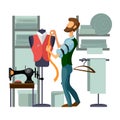 Cartoon Color Character Person and Taking Measures at Tailor Shop Concept. Vector