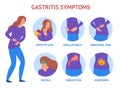 Cartoon Color Character Person Woman and Gastritis Symptoms Concept. Vector Royalty Free Stock Photo