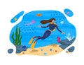 Cartoon Color Character Person Woman and Scuba Diving Concept. Vector