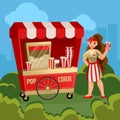 Cartoon Color Character Person Woman Sells Pop Corn Concept. Vector