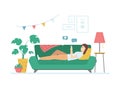 Cartoon Color Character Person Woman on Sofa with Smartphone Concept. Vector