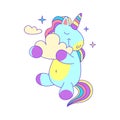 Cartoon Color Character Unicorn with Fluffy Cloud. Vector