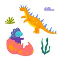 Cartoon Color Characters Cute Dinosaurus Icons Set. Vector