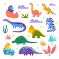 Cartoon Color Characters Cute Dinosaurus Icons Set. Vector