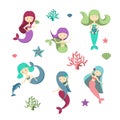 Cartoon Color Characters Mermaids Girls Set. Vector