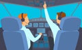 Cartoon Color Characters People and Airplane Cockpit Interior Inside Concept. Vector