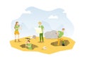 Cartoon Color Characters People and Archeology Excavations Concept. Vector Royalty Free Stock Photo