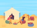 Cartoon Color Characters People and Desert Camp Tent. Vector