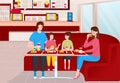 Cartoon Color Characters People Family Eating Fast Food Restaurant Interior Inside Concept. Vector Royalty Free Stock Photo